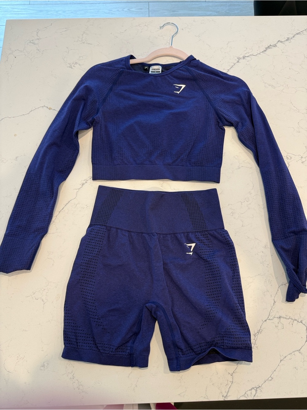 Gymshark Deep Blue Seamless Long-Sleeve Crop Top & High-Waist Shorts